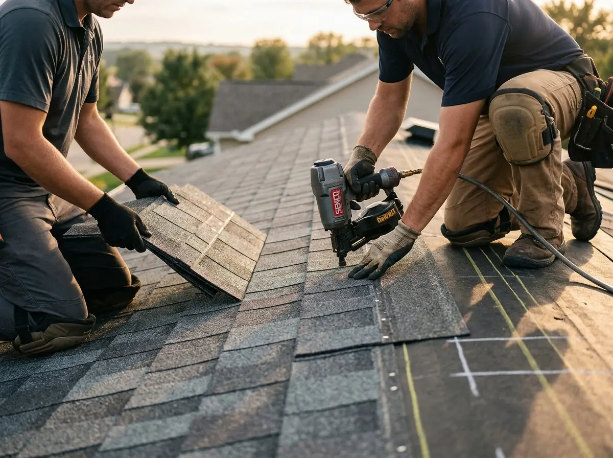 Professional roofer working on a residential roof in Hampton